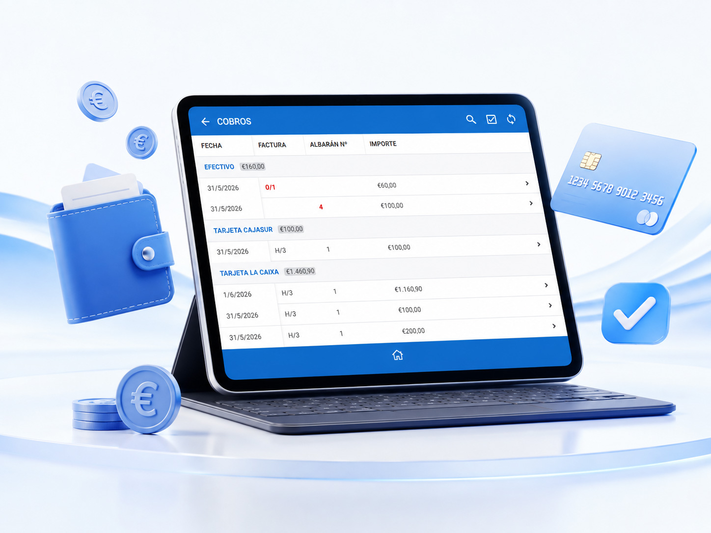 Aplicación de BeFactu en tablet para controlar cobros, importes y seguimiento financiero del negocio