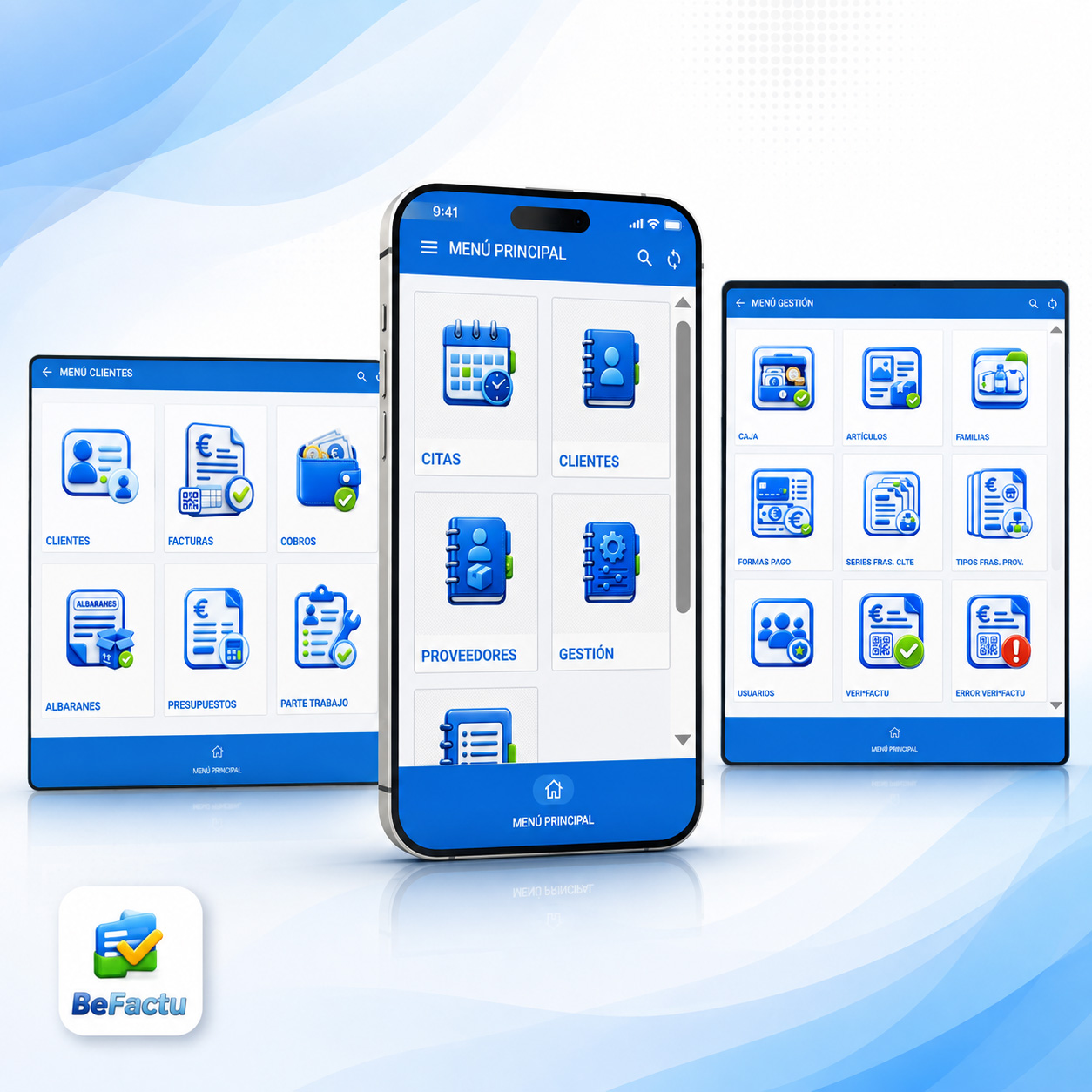 Pantallas de la app BeFactu para facturación y gestión móvil de autónomos y pequeñas empresas