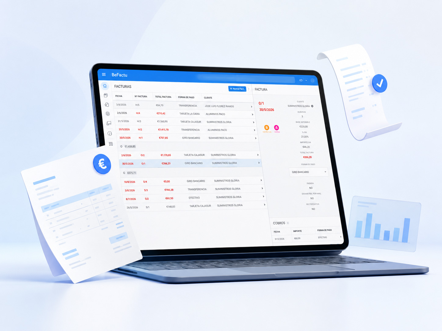 Panel de facturación digital en BeFactu para consultar y gestionar facturas desde una aplicación de negocio