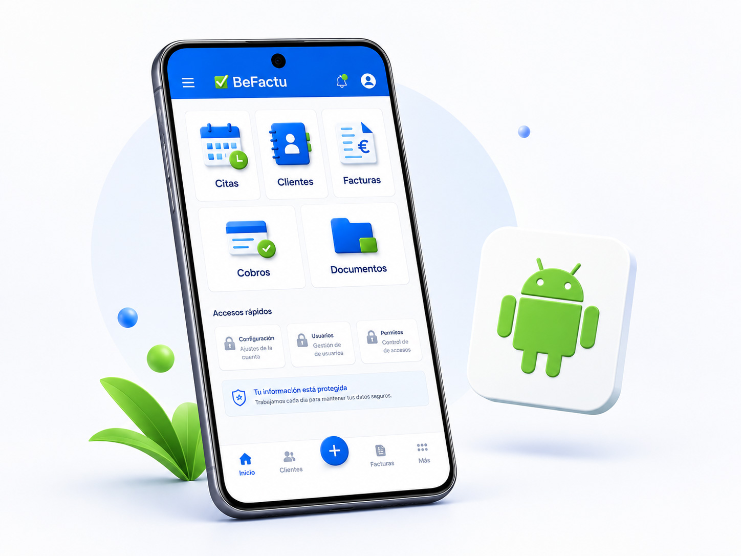Aplicación BeFactu en un smartphone Android con accesos rápidos a citas, clientes, facturas, cobros y documentos.