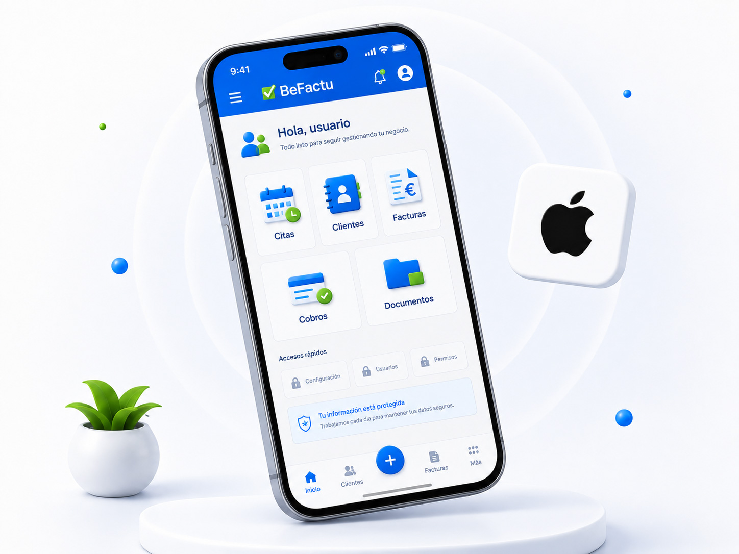 Aplicación BeFactu en un iPhone con acceso a citas, clientes, facturas, cobros y documentos.