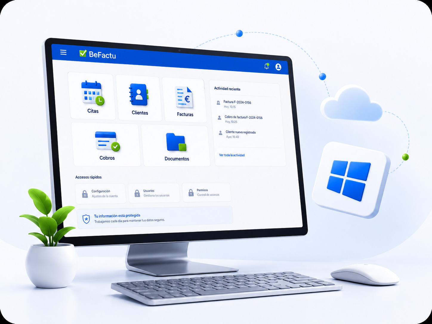 Versión web de BeFactu en un ordenador Windows con acceso a citas, clientes, facturas, cobros y documentos.