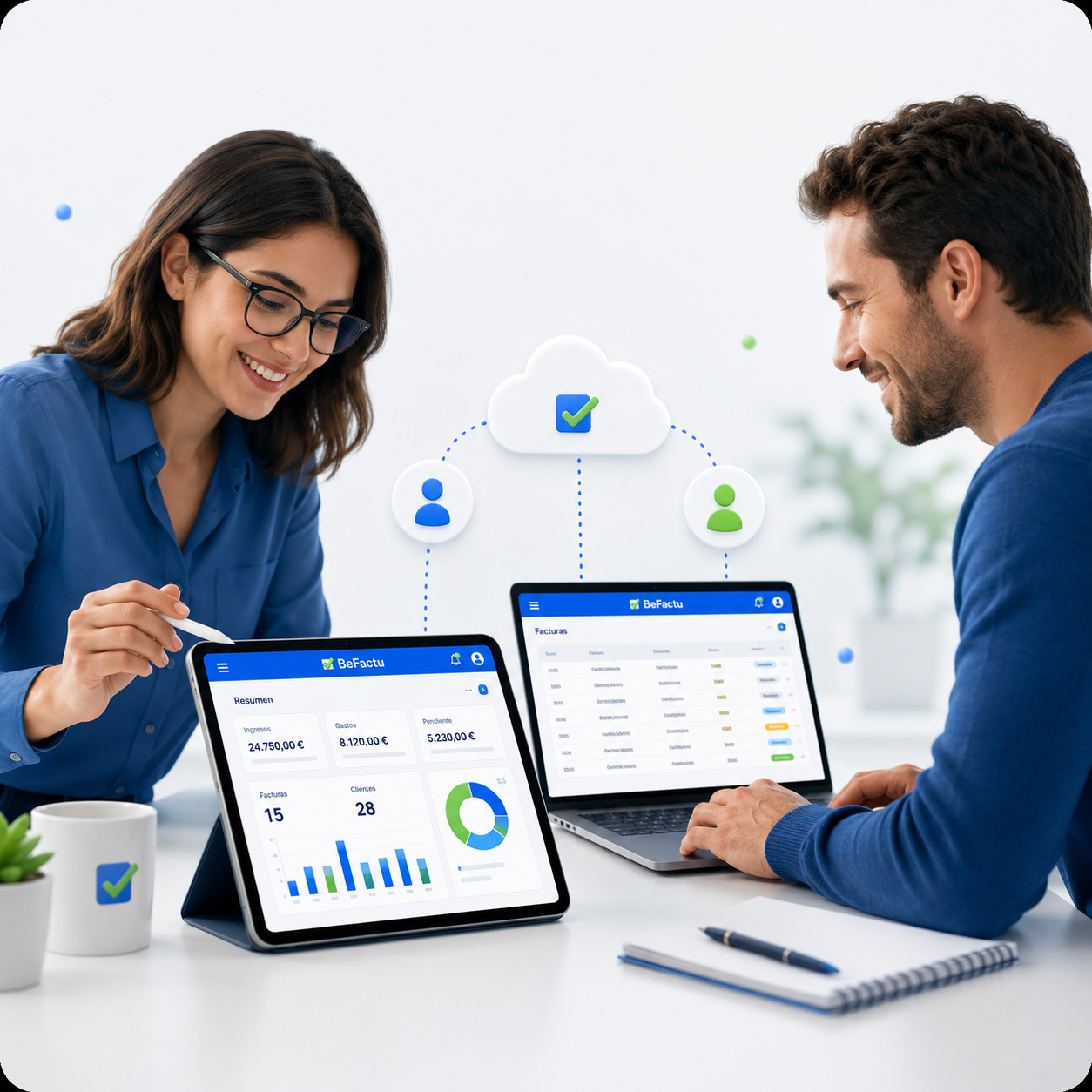 Equipo trabajando con BeFactu desde varios dispositivos y compartiendo información del negocio en la nube