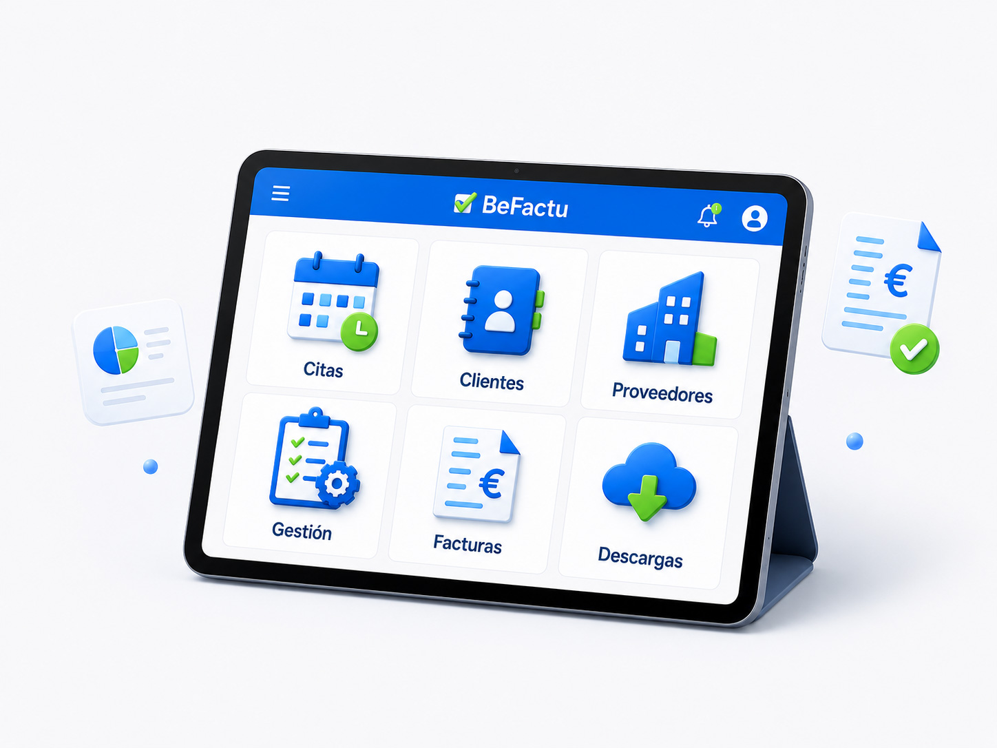 Pantalla de BeFactu para autónomos con información de cobros, gastos y gestión del negocio