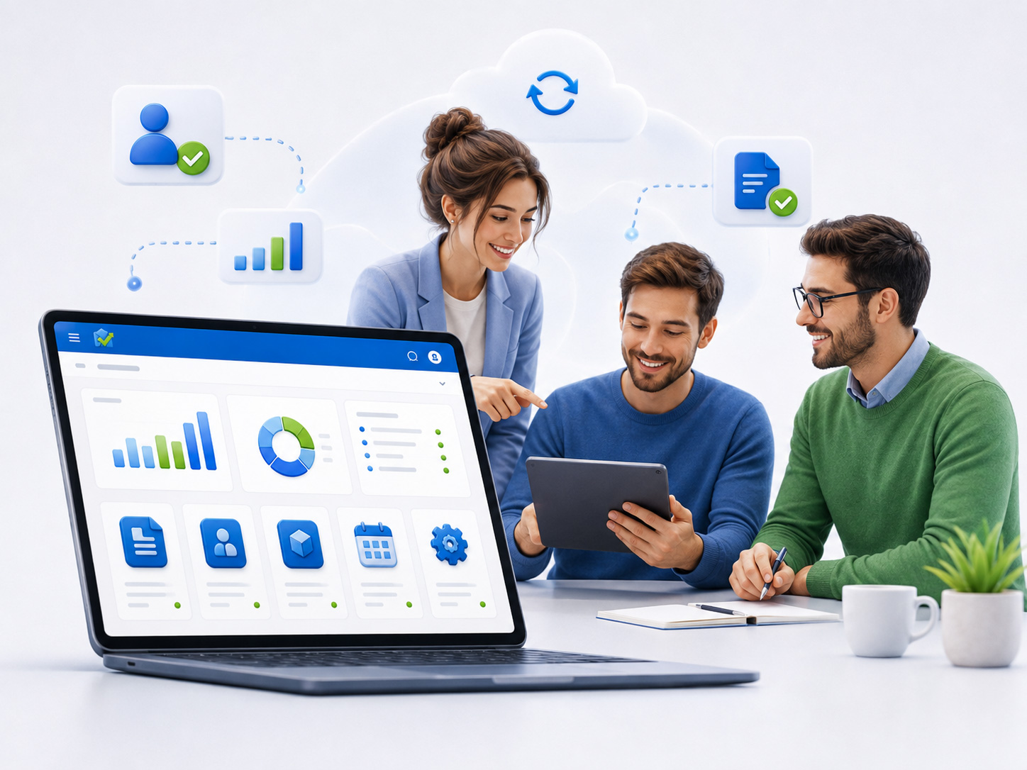 Equipo de una pequeña empresa trabajando con BeFactu y compartiendo la gestión del negocio desde varios dispositivos