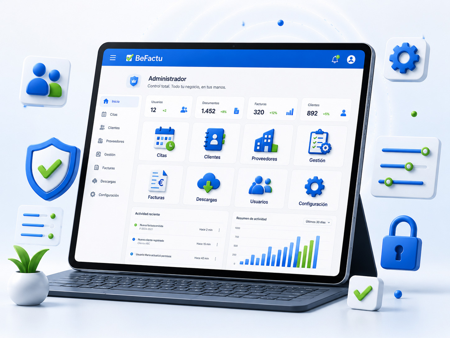 Panel de BeFactu con perfil Administrador y acceso completo a configuración, usuarios y gestión del negocio