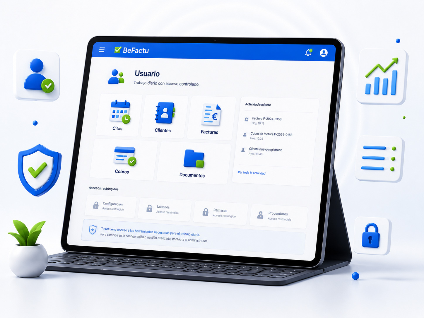 Panel de BeFactu con perfil Usuario y acceso controlado a las tareas necesarias para el trabajo diario